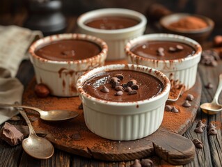 Chocolate pudding or souffle in ramekins ready to be eaten. 