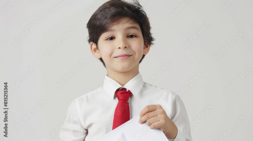 Wall mural cheerful young schooler dressed in a white blouse and red tie, holding textbooks. His bright smile and stylish glasses convey confidence and readiness