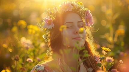A woman wearing a flower wreath is standing in a sunny meadow representing the floral crown as a symbol of the summer solstice