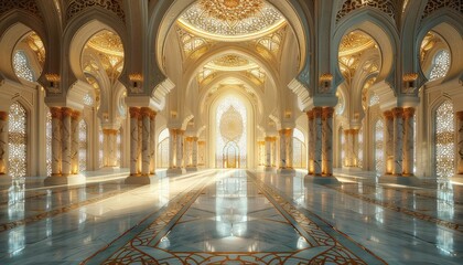 Obraz premium 3D render of an ornate Islamic art gallery, showcasing geometric patterns and calligraphy, soft lighting, wide angle