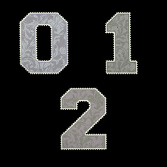 Vintage postal stamp style alphabet with capital letters and digits - digits 0-2