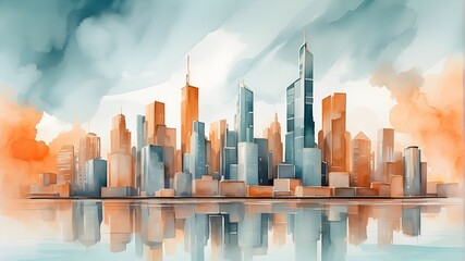 Amazing watercolor painting depicting an abstract urban environment with skyscrapers in shades of orange and teal, with grayish haze. building with two exposures. 3D illustration in digital art.