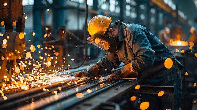 Depict a critical moment in a factory where metallurgy workers implement new safety technologies to improve construction processes