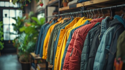 Obraz premium eco-friendly jacket from recycled plastic bottles displayed in a modern store with sustainable fashion design, promoting environmentally friendly clothing