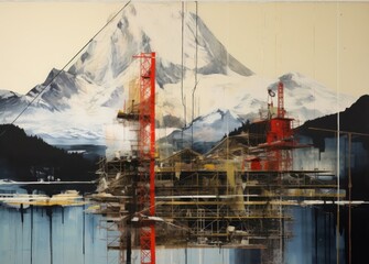 Repainted outdoor landscape photo of a complex, semi-transparent industrial facility at the edge of...