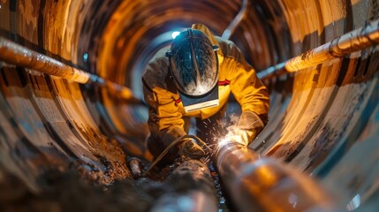 Depict a welder in a safety mask, performing critical maintenance welding on a pipeline inside a...
