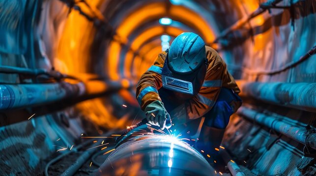 Depict a welder in a safety mask, performing critical maintenance welding on a pipeline inside a strategic utility tunnel