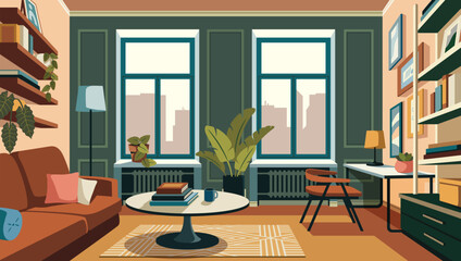 Cozy reading nook with sofa, bookshelves, plants. Cozy apartment furnished with sofa, shelves and chairs. Trendy contemporary home interior design. Flat vector illustration with an urban window view