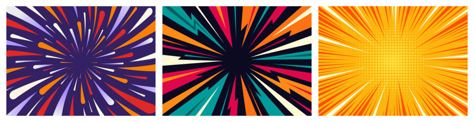 Three panels of colorful abstract burst patterns, concept of energy and dynamism. Can be used as pop art comic fast speed line backgrounds for characters. Set of vector illustrations
