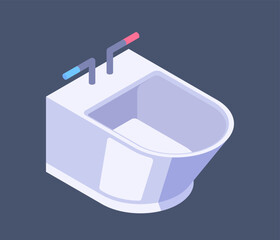 An isometric vector illustration of a modern bathtub with faucets on a dark background, depicting cleanliness and bathroom equipment