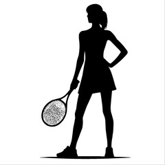 Full body Silhouette of Female Tennis Player, Dynamic Black and White