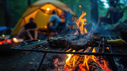 Grilling meat over an open flame while camping