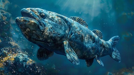 Fototapeta premium Design an image of a young coelacanth swimming alongside its mother in the deep blue sea