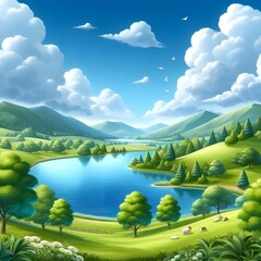 A river flows through a green valley between mountains. There are trees, rocks, and flowers in the foreground. The sky is blue with white clouds.