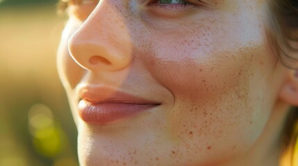 Close-up of a womans smiling face with sun-kissed skin and freckles, captured during golden hour.