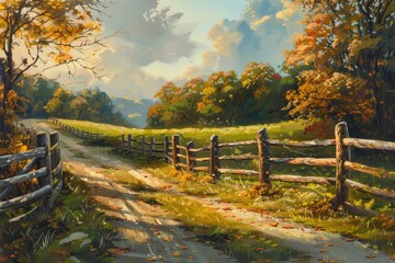 Obraz premium A serene country road with wooden fences, surrounded by lush green meadows and trees under the golden rays of sunlight Generative AI