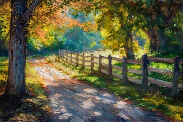A serene country road with wooden fences, surrounded by lush green meadows and trees under the golden rays of sunlight Generative AI