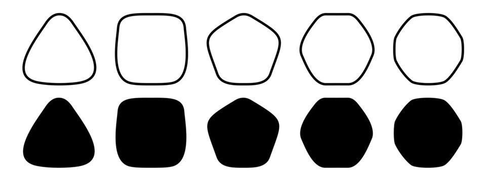 Set of doodle black geometric figures with rounded corners. Triangle, square or squircle, pentagon, hexagon and octagon shapes isolated on white background. Vector graphic illustration.