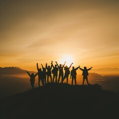 Silhouette of group happy business team making high hands over head in beautiful sunset sky evening time for business success and teamwork concept in company. International Friendship Day.