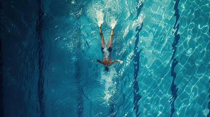 Aerial Top View Male Swimmer Swimming in Swimming Pool. Professional Athlete Training for the Championship, using Front Crawl, Freestyle Technique. Top View Shot - Powered by Adobe