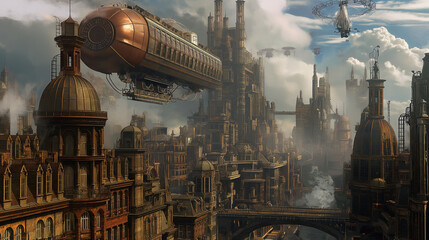 an imaginative steampunk cityscape, where towering clockwork skyscrapers rise above bustling streets filled with steam-powered vehicles, airships, and eccentric inventors, blending Victorian elegance 