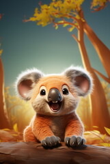 A friendly and animated koala character is perched on a wooden surface, surrounded by orange autumn leaves, with a warm, glowing ambiance - Generative AI