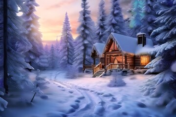A cozy cabin in the woods is covered in a thick layer of snow. The snow is deep and white, contrasting with the brown wooden cabin and the green pine trees surrounding it. The trees are covered in sno