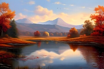  a serene lake surrounded by a mountain range and autumnal trees. The sky is filled with clouds and there are two birds flying. The reflection of the mountains and trees in the lake is a beautiful sig