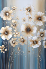 A vertical canvas presenting a bouquet of stylized flowers in shades of white and beige with delicate silver accents and subtle blue background