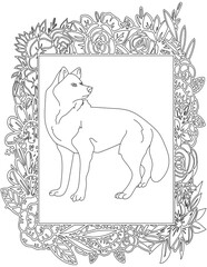 Wolf in A Floral Frame Coloring Page. Printable Coloring Worksheet for Kids. Educational Resources for School and Preschool.