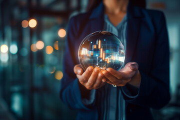 Stock market prediction, financial forecasting. Woman holding a crystal globe with a candlestick chart showing in it. High quality photo