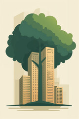 a tree in the big city between corporate buildings, with its branches supporting them, represents nature as a pillar of the economy and a shelter for finance.