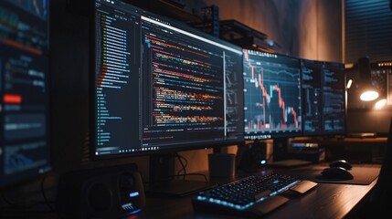 A man is seated at a desk with several computer monitors displaying data and information