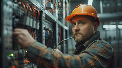 Professional electrician man works in a switchboard