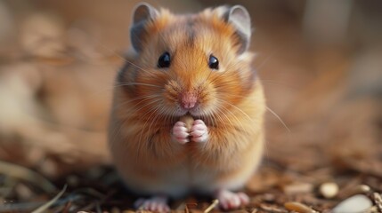 Fototapeta premium fluffy pet eating, cute hamster happily snacking on a sunflower seed in its cage, the fluffy pet looks adorable while munching away