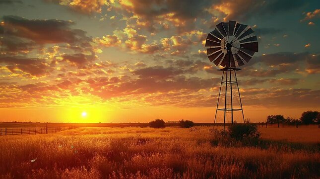 Majestic windmill against a vibrant sunset sky. Rustic charm meets natural beauty.
 Seamless looping 4k time-lapse virtual video animation background. Generated AI