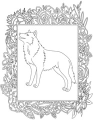 Wolf in A Floral Frame Coloring Page. Printable Coloring Worksheet for Kids. Educational Resources for School and Preschool.