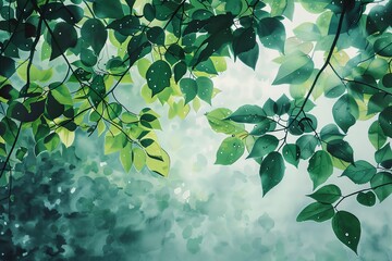 A watercolor painting of green leaves on a tree branch