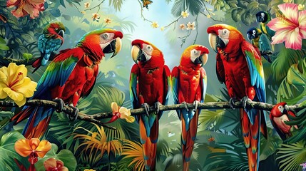 Colorful macaws with tropical background . Generative Ai
