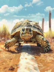 Humorous scene of a turtle slowly crossing a finish line with a triumphant expression, celebrating the idea that pets, like people, have their own unique paces and victories