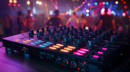 Console DJ Mixer in Night Club Booth: Party Scene with Dancing Crowd