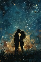 Romantic scene of a couple embracing under a starry night sky, with the stars illuminating their silhouettes