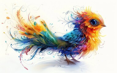Whimsical, feathered creature inspired by various bird feathers, with an emphasis on fantasy and imagination