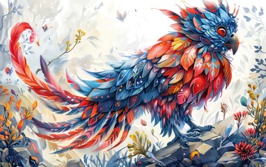 Whimsical, feathered creature inspired by various bird feathers, with an emphasis on fantasy and imagination