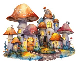 Whimsical mushroom village, with mushrooms serving as houses for tiny, imaginary creatures