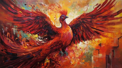 A majestic phoenix soaring in the style of contemporary painter, with a dark red background, in the mixed style of collage and painting, surrealism style, fantasy tale, graphic novel, emphasizing its 