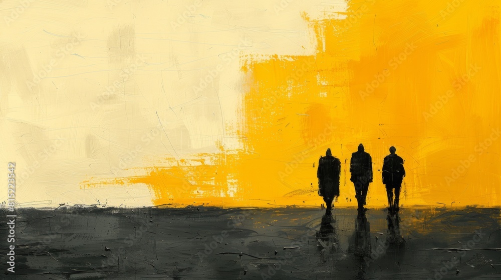 Wall mural A painting of three people walking in the rain with yellow sky, AI