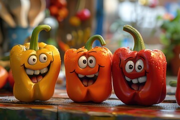 Peppers with human-like features as characters in a story, perhaps in a kitchen setting