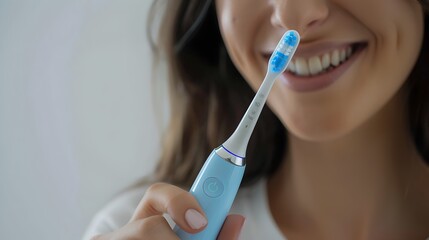 Smiling woman holding an electric toothbrush, ready to brush teeth. Portrait of dental hygiene routine, lifestyle. Close up, blurred background. AI