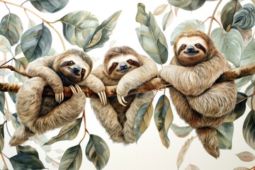 Sloths hanging lazily from tree branches, embodying the essence of relaxation and taking it slow
